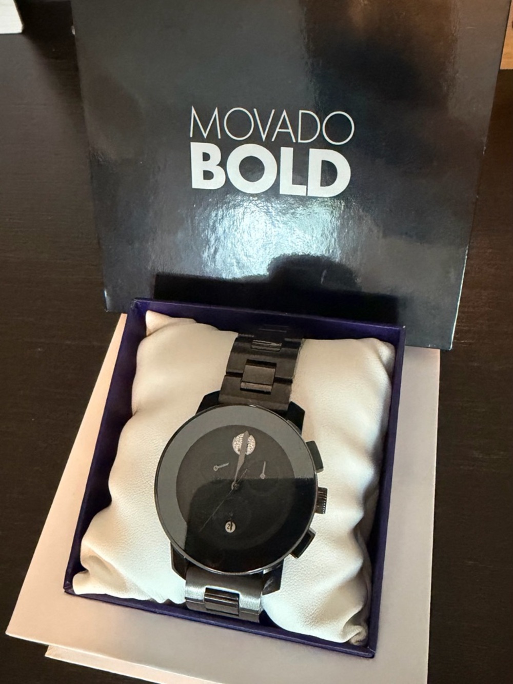 Movado Bold Women’s Black Steel Chronograph Watch with diamond.